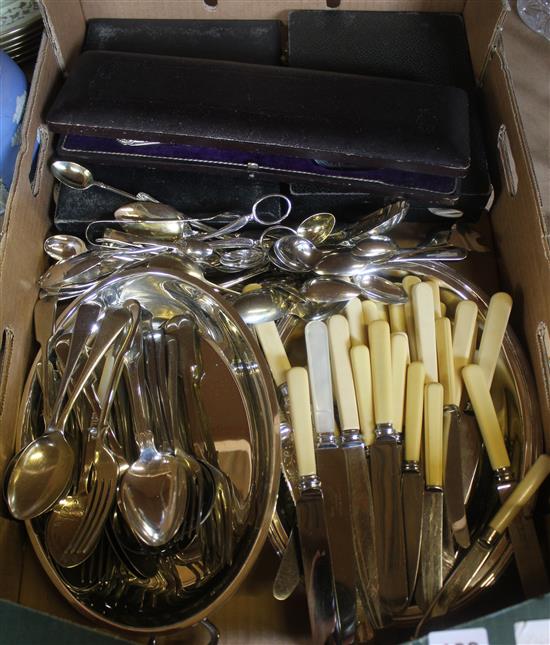 Mixed silver plated cutlery, servers & silver spoons